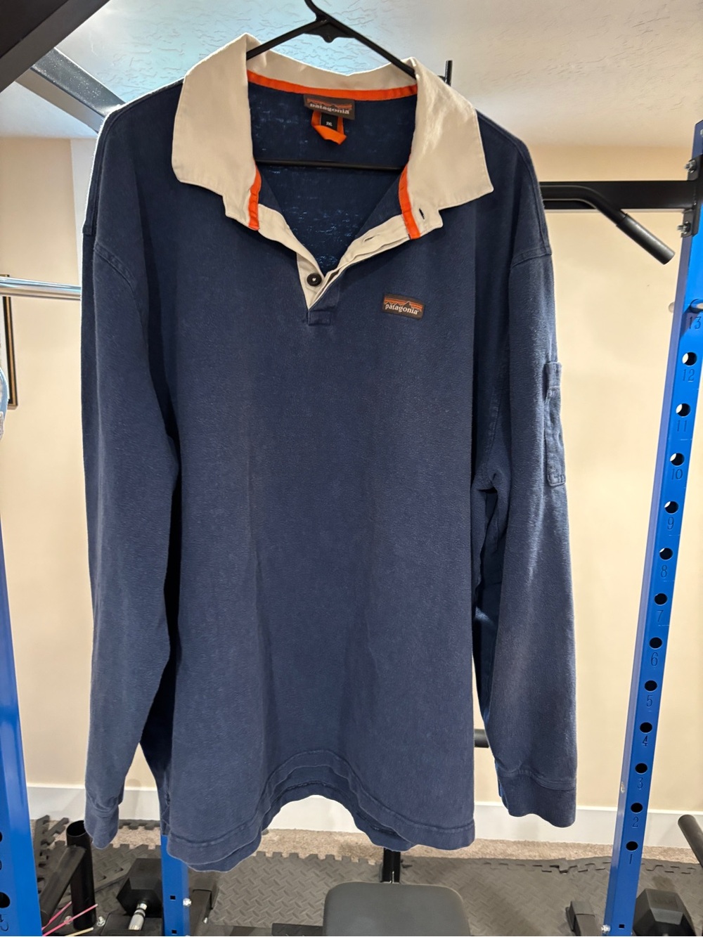 Patagonia Navy Long-Sleeve Rugby Shirt with White Collar and Orange Trim